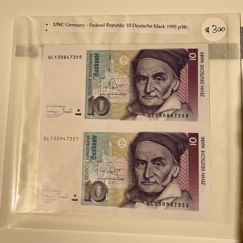 German 10 Deutsche Mark Banknote 1993 Uncut Sheet
